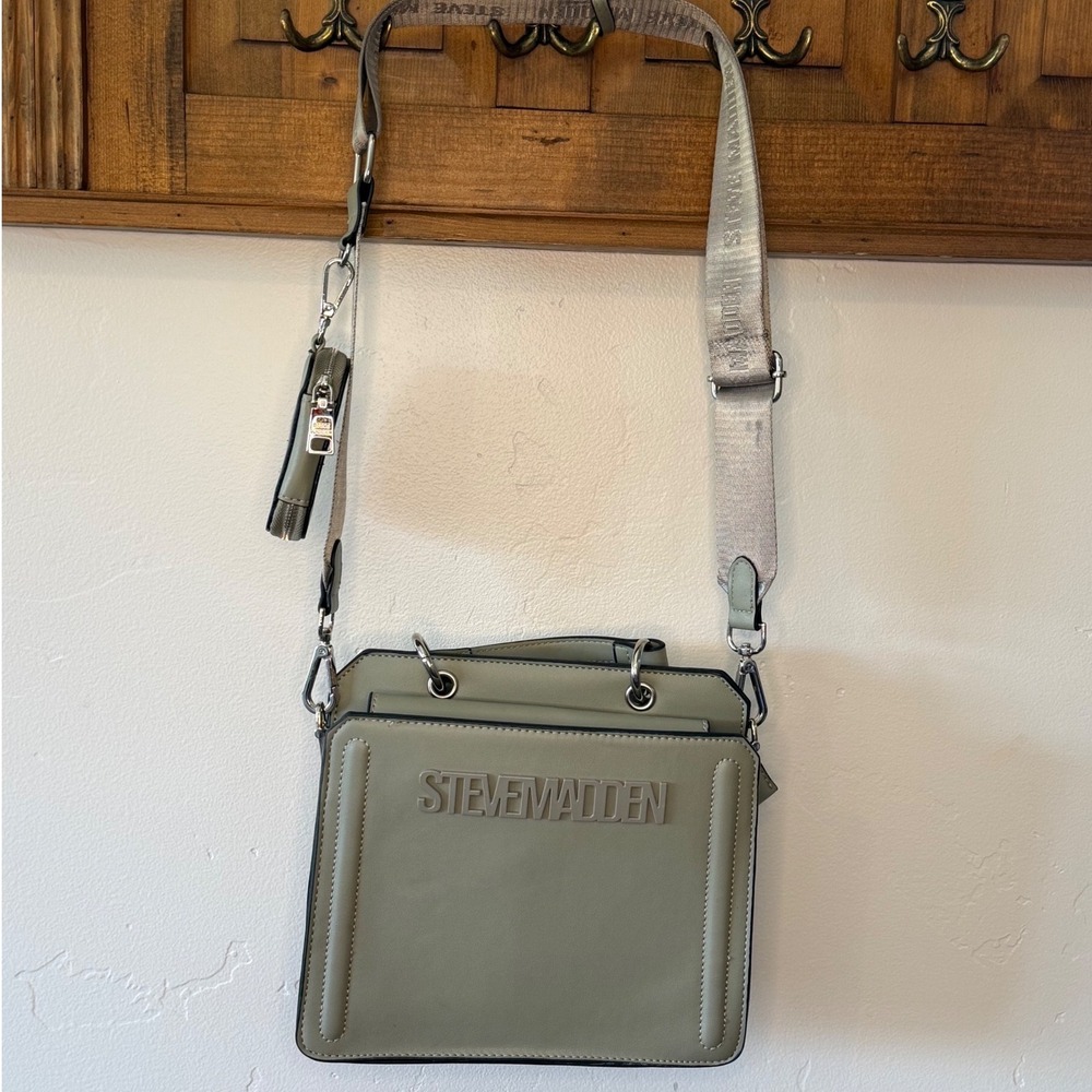 Steve Madden Sage Green Crossbody Bag with Webbing Strap and Coin Pouch